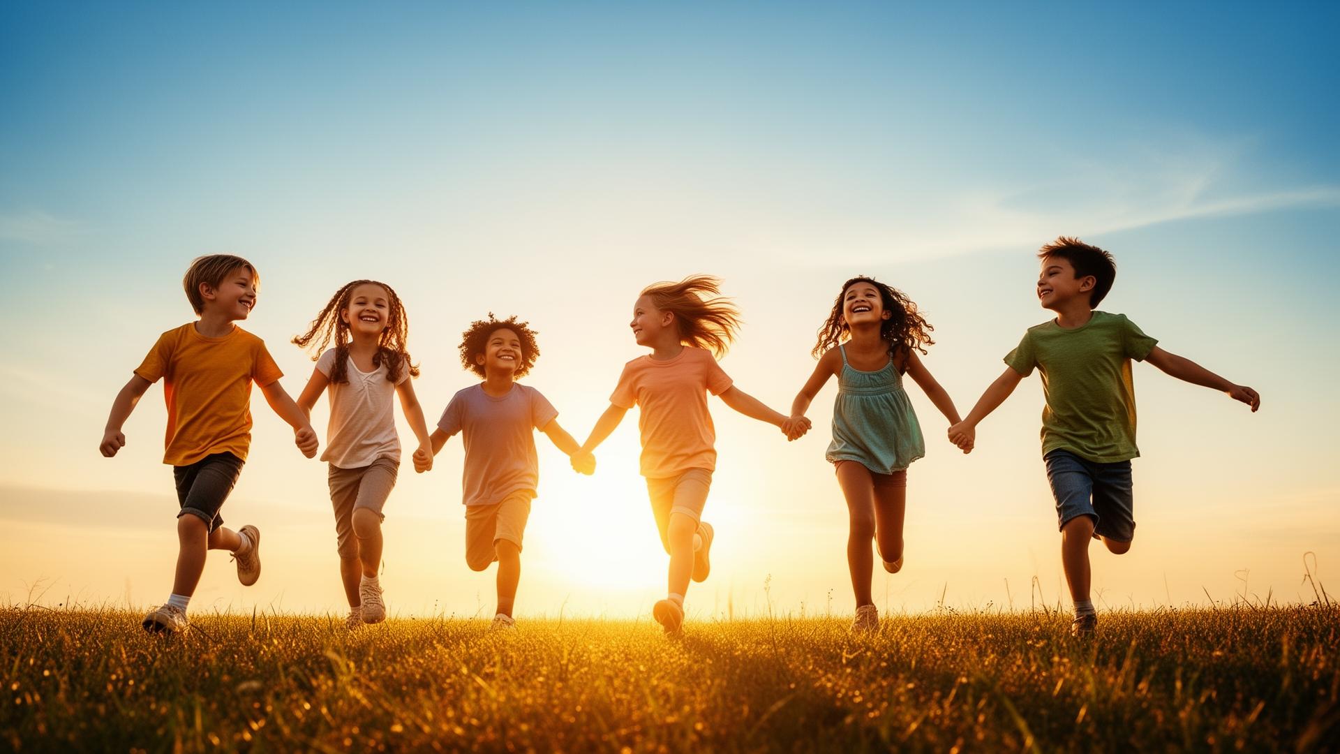 Children running together toward a bright future